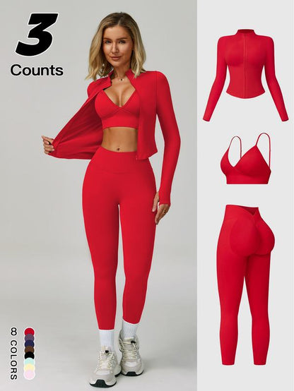 Women'S Outdoor Running Quick-Dry Jacket and High-Waist Leggings Set, V-Neck Long Sleeve Yoga Tops for Fitness and Casual Wear, Sportswear