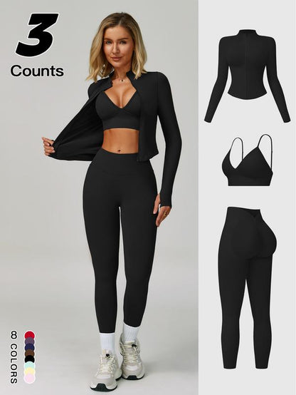 Women'S Outdoor Running Quick-Dry Jacket and High-Waist Leggings Set, V-Neck Long Sleeve Yoga Tops for Fitness and Casual Wear, Sportswear