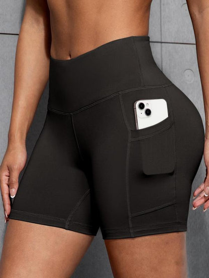 Women'S Solid Color Pocket Design Skinny Shorts, Casual Comfy Breathable High Stretch Yoga Shorts, Ladies Bottoms for All Seasons