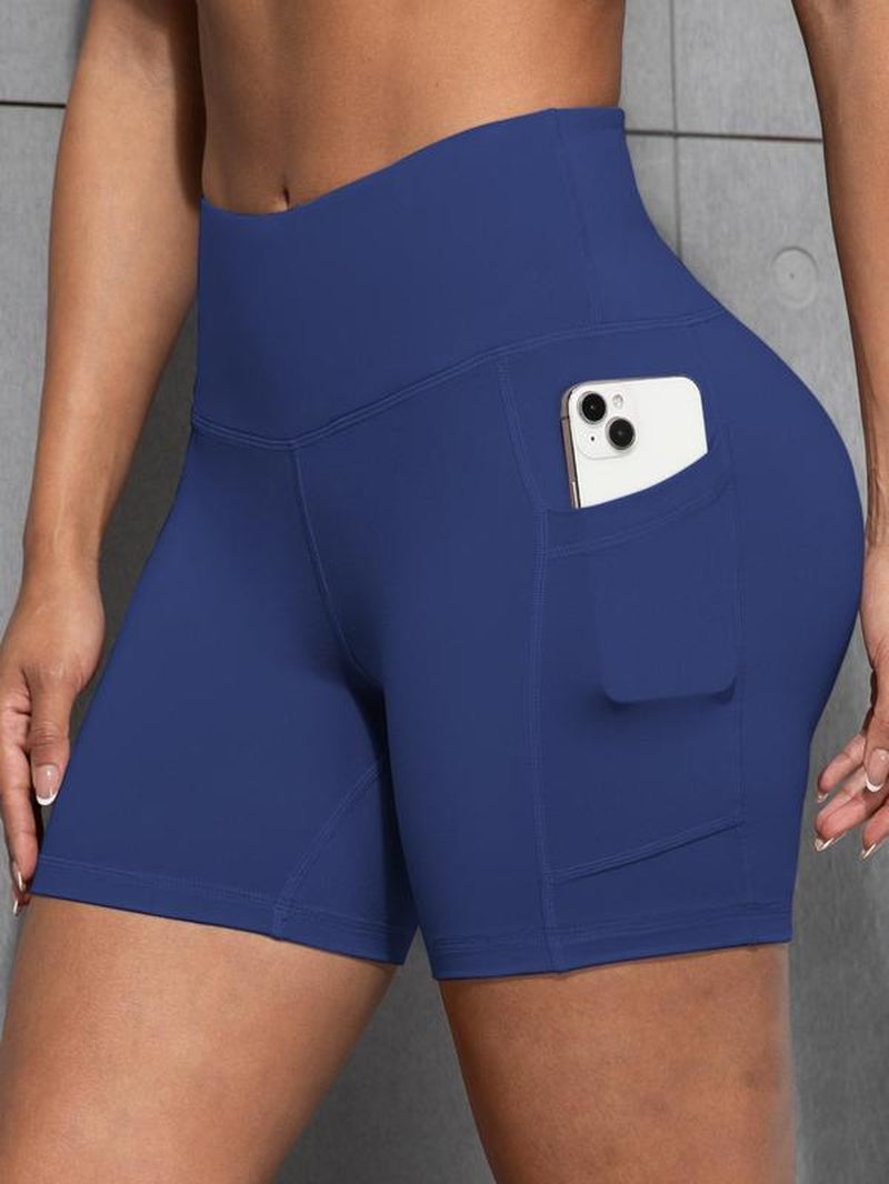Women'S Solid Color Pocket Design Skinny Shorts, Casual Comfy Breathable High Stretch Yoga Shorts, Ladies Bottoms for All Seasons