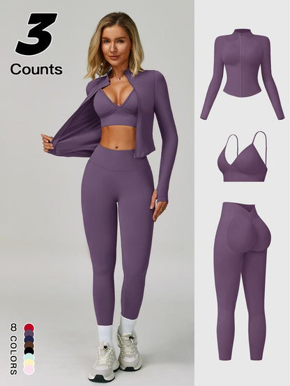 Women'S Outdoor Running Quick-Dry Jacket and High-Waist Leggings Set, V-Neck Long Sleeve Yoga Tops for Fitness and Casual Wear, Sportswear