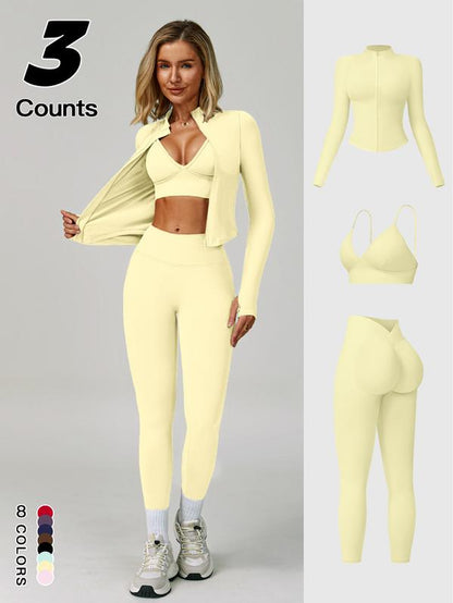 Women'S Outdoor Running Quick-Dry Jacket and High-Waist Leggings Set, V-Neck Long Sleeve Yoga Tops for Fitness and Casual Wear, Sportswear