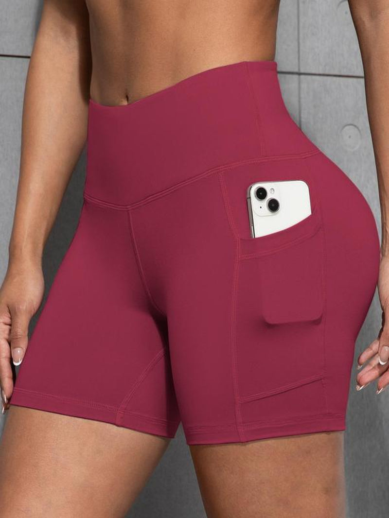 Women'S Solid Color Pocket Design Skinny Shorts, Casual Comfy Breathable High Stretch Yoga Shorts, Ladies Bottoms for All Seasons