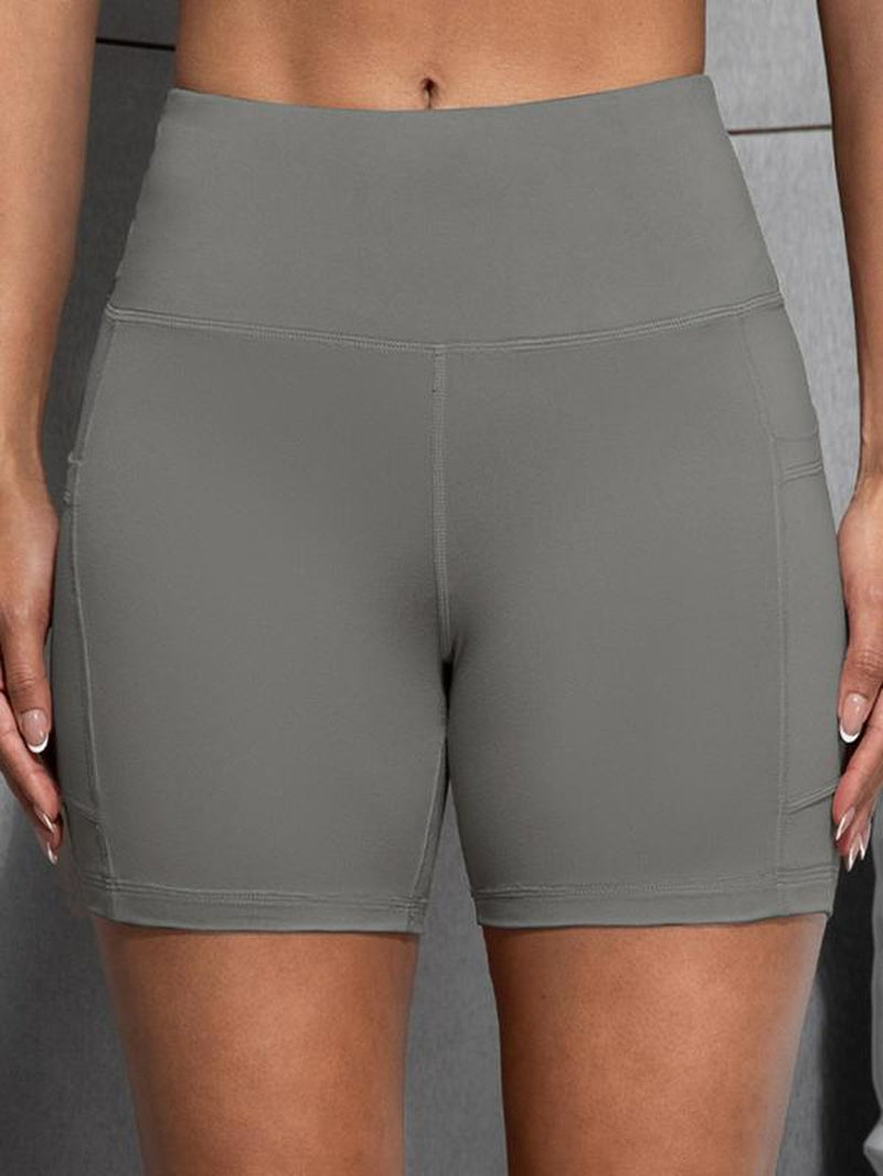Women'S Solid Color Pocket Design Skinny Shorts, Casual Comfy Breathable High Stretch Yoga Shorts, Ladies Bottoms for All Seasons