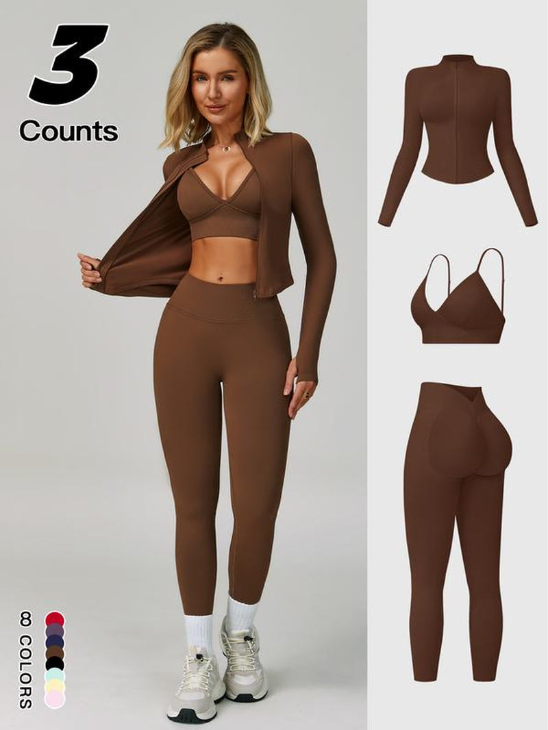 Women'S Outdoor Running Quick-Dry Jacket and High-Waist Leggings Set, V-Neck Long Sleeve Yoga Tops for Fitness and Casual Wear, Sportswear