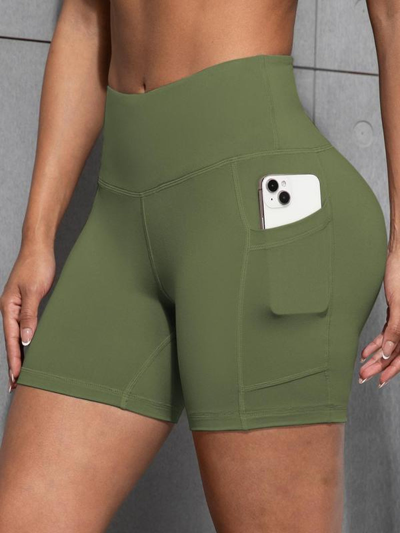Women'S Solid Color Pocket Design Skinny Shorts, Casual Comfy Breathable High Stretch Yoga Shorts, Ladies Bottoms for All Seasons