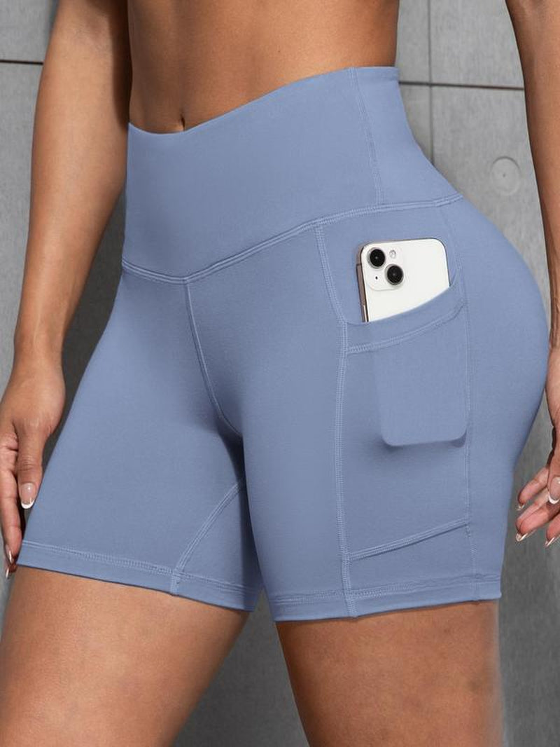 Women'S Solid Color Pocket Design Skinny Shorts, Casual Comfy Breathable High Stretch Yoga Shorts, Ladies Bottoms for All Seasons